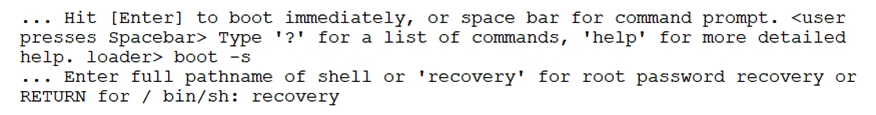   Referring to the exhibit, what will be the result? A)  The device will boot in single-user mode at the operational prompt. B)  The device will boot in multi-user mode at the configuration prompt. C)  The device will boot into single-user mode at the shell prompt. D)  The device will boot into multi-user mode at the shell prompt.