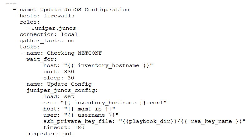 Click the Exhibit button.   Referring to the exhibit, what is the function of the register key? A)  to set an input value for the juniper_junos_rpc module B)  to configure a global setting for the playbook C)  to define a variable containing the return value from the module D)  to print a result to standard out
