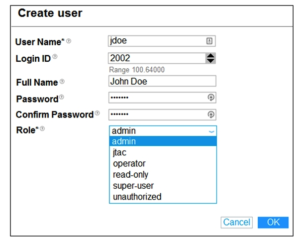 Click the Exhibit button.   Which two user roles shown in the exhibit are available by default? (Choose two.)  A)  super-user B)  operator C)  jtac D)  admin