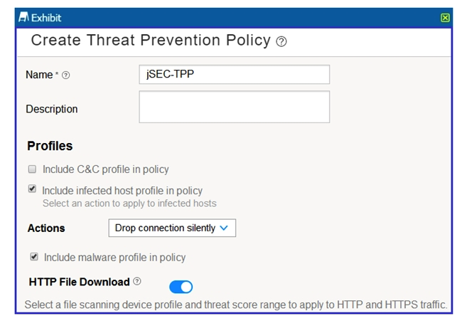 Click the Exhibit button.   Referring to the exhibit, which statement is true? A)  Hosts are always able to communicate through the SRX Series device no matter the threat score assigned to them on the infected host feed. B)  Hosts are unable to communicate through the SRX Series device after being placed on the infected host feed with a high enough threat score. C)  Malicious HTTP file downloads are never blocked. D)  Malicious HTTP file downloads are always blocked.