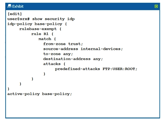 Click the Exhibit button.   Referring to the exhibit, which statement is true? A)  IDP blocks root users. IDP blocks root users. B)  IDP closes the connection on matched sessions. C)  IDP ignores the connection on matched sessions. D)  IDP blocks all users.