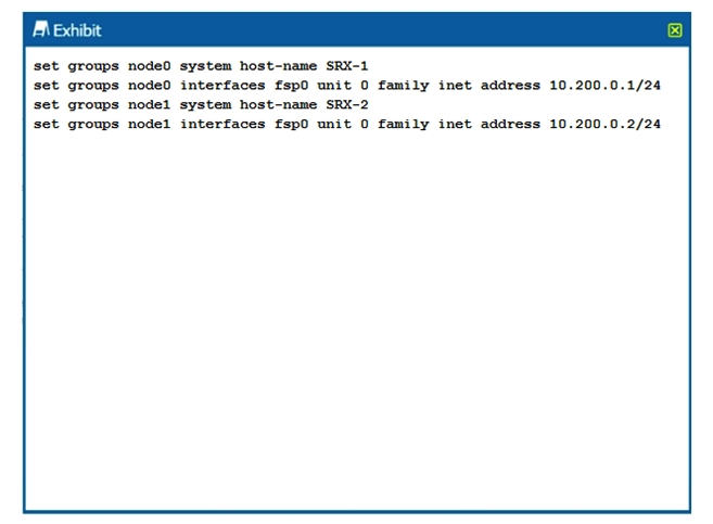 Click the Exhibit button.   You are configuring an SRX chassis cluster with the node-specific hostname and management address. Referring to the exhibit, which configuration completes this requirement? A)    B)    C)    D)   