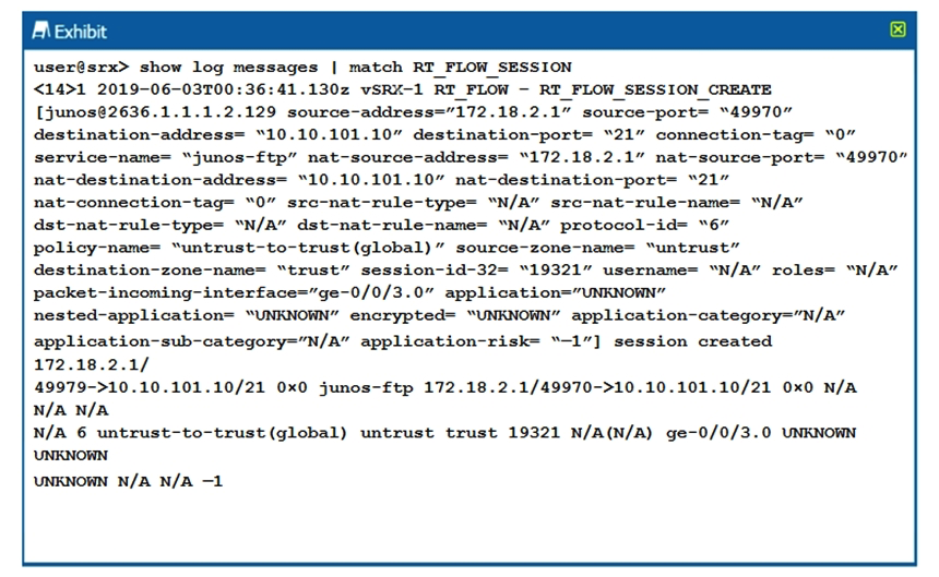 Click the Exhibit button.   The output shown in the exhibit is displayed in which format? A)  syslog B)  WELF C)  binary D)  sd-syslog