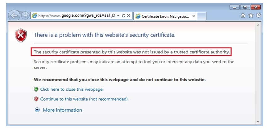 Click the Exhibit button.   You have implemented SSL proxy client protection. After implementing this feature, your users are complaining about the warning message shown in the exhibit. Which action must you perform to eliminate the warning message? A)  Configure the SRX Series device as a trusted site in the client Web browsers. B)  Regenerate the SRX self-signed CA certificate and include the correct organization name. C)  Import the SRX self-signed CA certificate into the client Web browsers. D)  Import the SRX self-signed CA certificate into the SRX certificate public store.