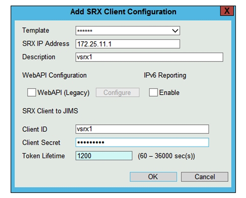Click the Exhibit button.   Referring to the exhibit, which two values in the JIMS SRX client configuration must match the values configured on the SRX client? (Choose two.)  A)  IPv6 Reporting B)  Client ID C)  Client Secret D)  Token Lifetime