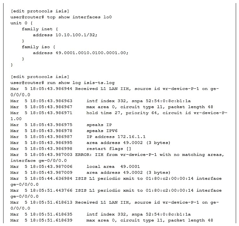Click the Exhibit button.   Referring to the exhibit, the local router should have an IS-IS adjacency with a neighboring router, but the adjacency never establishes correctly. What should you do to solve the problem? A)  Disable level 2 for the interfaces. B)  Disable level 1 for the interfaces. C)  Disable wide metrics. D)  Change the local IS-IS area ID to 49.0002.