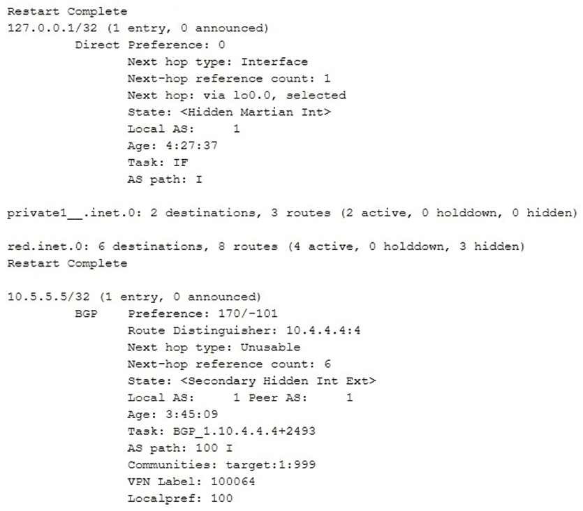 Click the Exhibit button.   Referring to the exhibit, why is the route for 10.5.5.5 hidden? A)  It is a martian route. B)  It has an invalid community. C)  It is an L3VPN route. D)  The next hop cannot be resolved.