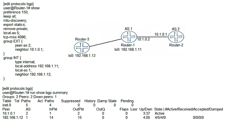 Click the Exhibit button.   Referring to the exhibit, Router-1 is attempting to form an EBGP session with Router-2. However, BGP routes are never exchanged between Router-1 and Router-2. What is causing the problem? A)  The TCP-MSS value is set too low B)  The EXT group is not configured as an external type BGP peering session The EXT group is not configured as an external type BGP peering session C)  The EBGP session is configured to use the wrong AS D)  The keep all statement is preventing the session from establishing keep all statement is preventing the session from establishing