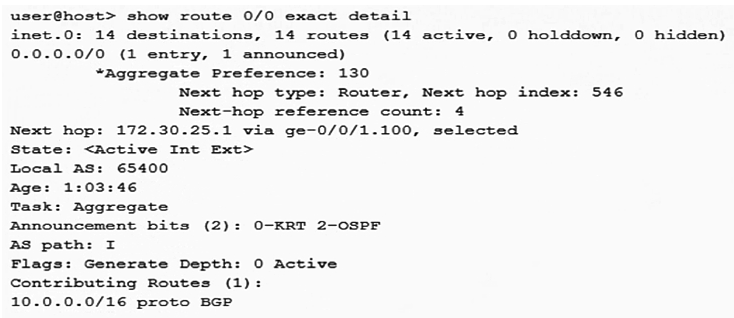Click the Exhibit button.   Referring to the output shown in the exhibit, which two statements are true? A)  The route is active B)  The route is not active C)  The route is a generate route D)  The route is an aggregate route