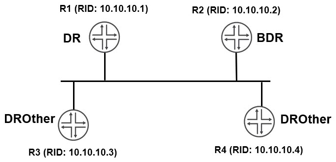 Click the Exhibit button.   You have configured OSPF routing as shown in the exhibit. You notice that all interfaces have formed full adjacencies, with the exception of the interfaces connecting R3 and R4 with a status of 2Way . What is the reason for this status? A)  The two routers must both be configured as DR routers. B)  DROther routers will not form a full adjacency with each other. C)  The two routers must be configured in different areas. D)  The interface-type is not configured as p2p . The interface-type is not configured as p2p