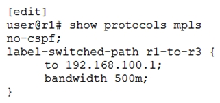 Click the Exhibit button.   Referring to the exhibit, which statement is true? A)  The router will attempt to signal the LSP along the IGP shortest path to 192.168.100.1 B)  The router will prune links with insufficient bandwidth from the path before beginning the signaling process C)  The router will analyze the traffic engineering database to determine the best path through the network D)  The router will precalculate a valid path through the network for LSP r1-to-r3