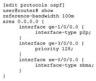 Click the Exhibit button.   Referring to the exhibit, which statement is correct? A)  Interface ge-3/0/0.0 has a default metric of 10 B)  Interface xe-0/0/0.0 can only form a single adjacency C)  Interface xe-0/0/0.0 has a default metric of 10 D)  Interface ge-1/0/0.0 can only form a single adjacency