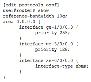 Click the Exhibit button.   Referring to the exhibit, which statement is correct? A)  Interface xe-0/0/0.0 has a default metric of 10 B)  Interface ge-3/0/0.0 has a default metric of 10 C)  Interface ge-1/0/0.0 can only form a single adjacency D)  Interface xe-0/0/0.0 can only form a single adjacency
