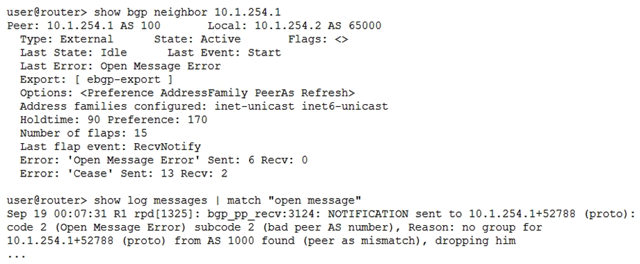 Click the Exhibit button.   You are troubleshooting a new BGP peering session which is not establishing. Referring to the exhibit, which statement is true? A)  The update messages contain an unsupported option B)  The neighbor does not support IPv6 C)  The peer's AS number is misconfigured D)  The TCP session is not establishing