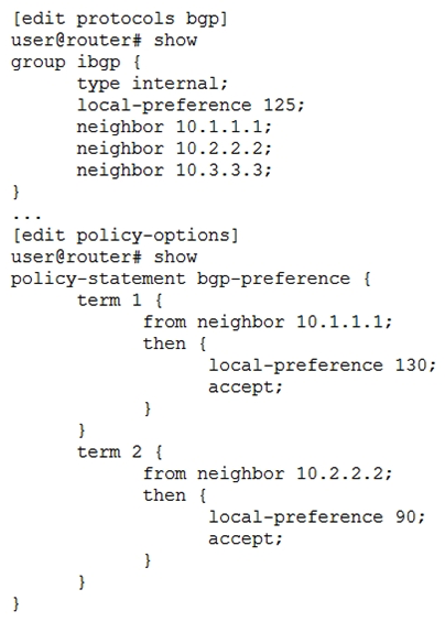 Click the Exhibit button.   Referring to the exhibit, which statement is correct? A)  Routes from 10.1.1.1 are more preferred than routes from 10.2.2.2 B)  Routes from 10.2.2.2 are less preferred than the default local preference C)  Routes from 10.3.3.3 are more preferred than the default local preference D)  Routes from 10.2.2.2 are less preferred than routes from 10.3.3.3