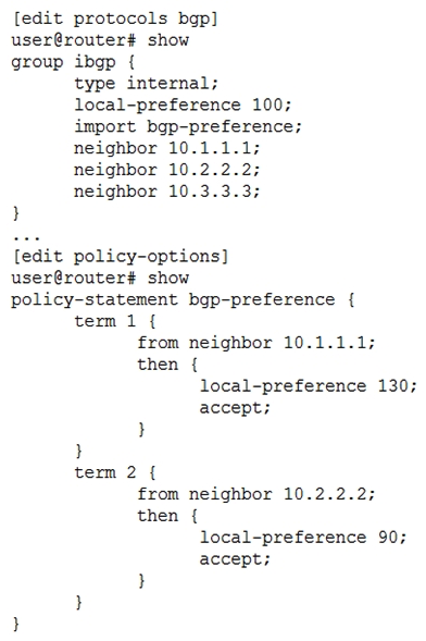 <strong>Click the Exhibit button.   Referring to the exhibit, which statement is correct?</strong> A) Routes from 10.1.1.1 are less preferred than the default local preference B) Routes from 10.2.2.2 are less preferred than routes from 10.1.1.1 C) Routes from 10.3.3.3 are less preferred than the default local preference D) Routes from 10.1.1.1 are less preferred than routes from 10.2.2.2 <div style=padding-top: 35px> 