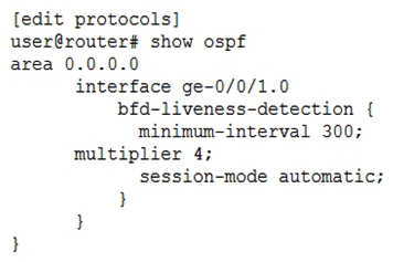 Click the Exhibit button.   Referring to the exhibit, how many milliseconds must pass before the interface ge-0/0/1.0 is considered down? A)  1200 ms B)  900 ms C)  1600 ms D)  2400 ms