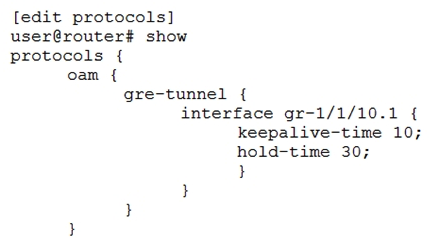 Click the Exhibit button.   Referring to the exhibit what are two reasons for the configuration stanza? (Choose two.)  A)  to reduce the risk of forwarding traffic through a stateless tunnel B)  to mark the tunnel down after the hold-time expires C)  to remove the tunnel interface from inet.0 after the hold-time expires D)  to mark the tunnel up after the hold-time expires