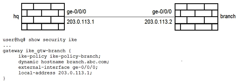 Click the Exhibit button.   The IKE policy and proposal are configured properly on both devices as shown in the exhibit. Which configuration snippet will complete the IKE configuration on the branch SRX Series device? A)    B)    C)    D)   