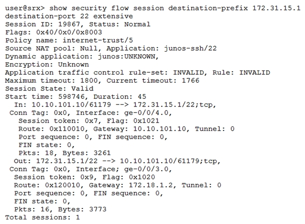 Click the Exhibit button.   Given the command output shown in the exhibit, which two statements are true? (Choose two.)  A)  The host 172.31.15.1 is directly connected to interface ge-0/0/3.0 B)  Traffic matching this session has been received since the session was established C)  The host 10.10.101.10 is directly connected to interface ge-0/0/4.0 D)  Network Address Translation is applied to this session