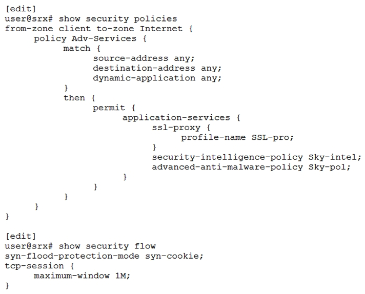 Click the Exhibit button.   You deployed a site-to-site IPsec VPN connecting two data centers together using SRX5800s. After examining the performance of the IPsec VPN, you decide to enable IPsec performance acceleration to increase the rate of traffic that can be sent through the tunnel. Referring to the exhibit, which two statements should you add to the configuration to accomplish this task? (Choose two.)  A)  [edit security flow] user@srx# set tcp-mss ipsec-vpn mss 65535 B)  user@srx# set ipsec-performance-acceleration C)  user@srx# set power-mode-ipsec D)  user@srx# set load-distribution session-affinity ipsec