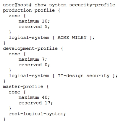 Click the Exhibit button.   Referring to the exhibit, what is the maximum number of zones that are able to be created within all logical systems? A)  74 B)  34 C)  40 D)  17