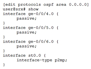 Click the Exhibit button.   You have configured an ADVPN that is operational. However, OSPF will not establish correctly across the ADVPN tunnels. Referring to the exhibit, which two commands will solve the problem? (Choose two.)  A)  [edit protocols ospf area 0.0.0.0] user@srx# set interface st0.0 dynamic-neighbors B)  user@srx# set interface st0.0 topology advpn C)  user@srx# set interface st0.0 interface-type nbma D)  user@srx# set interface st0.0 demand-circuit