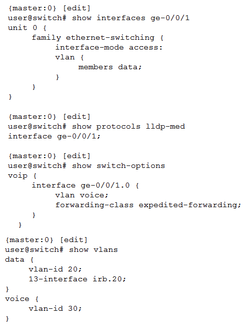 Click the Exhibit button.   You have a workstation and a VoIP phone connected to port ge-0/0/1 on an access switch. Referring to the exhibit, which two statements are true? (Choose two.)  A)  Frames that exit interface ge-0/0/1 on the data VLAN will be tagged. B)  The phone will automatically be assigned a VLAN ID. C)  Voice frames that enter interface ge-0/0/1 will be forwarded as expedited forwarding traffic. D)  All frames that exit interface ge-0/0/1 will belong to the data VLAN.