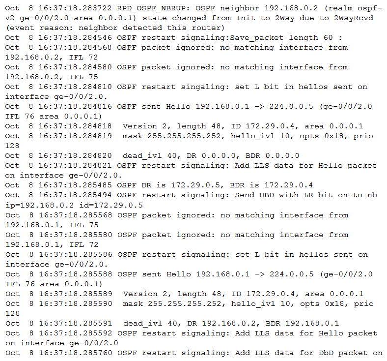 Click the Exhibit button.   A router is attempting to form an OSPF neighborship with another router. However, the OSPF neighborship fails to establish completely. Referring to the exhibit, what is the problem? A)  There is an interface type mismatch. B)  There is an OSPF area mismatch. C)  There is an interface subnet mask mismatch. D)  There is an interface MTU mismatch.