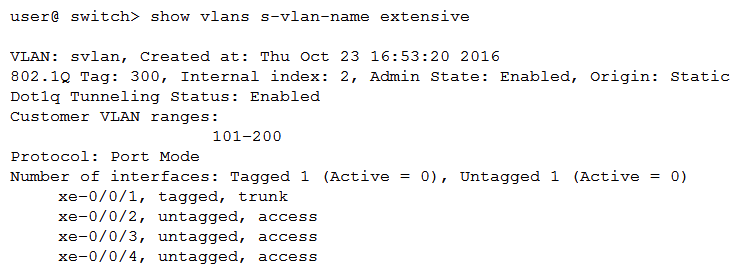 Click the Exhibit button.   During an outage, you review the status of the Q-in-Q implementation on VLAN 300. Referring to the exhibit, what would be the cause of the outage? A)  The S-VLAN is disabled. B)  The VLAN range overlaps. C)  The C-VLANs are disabled. D)  There are no active ports.