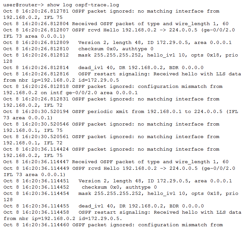 Click the Exhibit button.   A router is attempting to form an OSPF neighborship with another router. However, the OSPF neighborship fails to establish completely. Referring to the exhibit, what is the problem? A)  There is an interface type mismatch. B)  There is an interface subnet mask mismatch. C)  There is an OSPF area mismatch. D)  There is an interface MTU mismatch.