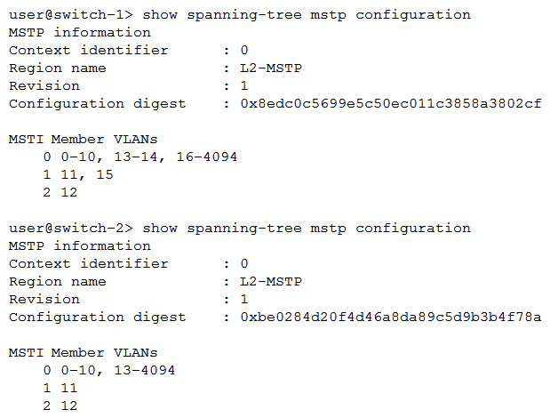 Click the Exhibit button.   You have configured MSTP in your Layer 2 network. You are having problems with it establishing correctly. Referring to the exhibit, what is causing the problem? A)  The region name is not correct. B)  You must assign a context ID number other than zero. C)  The MSTI-to-VLAN mapping does not match. D)  The revision number is the same on both devices.