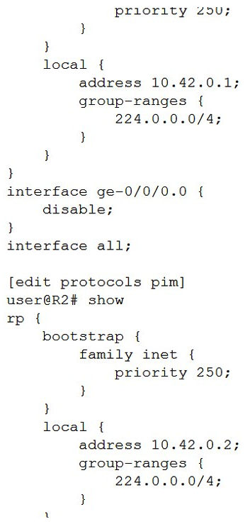   Referring to the exhibit, there are multiple ASM groups in the 224.0.0.0/4 range. Which configuration change is needed to ensure R1 is always the RP for group 224.224.1.1? A)  Set the priority on R1 to zero. B)  Increase the priority on R1 to higher than R2. C)  Configure R1 with a higher local RP address. D)  Ensure R1 has a more specific group range.