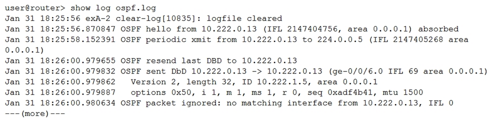 Click the Exhibit button.   Referring to the log shown in the exhibit, what is the problem with the OSPF adjacency establishment? A)  There is an MD5 authentication mismatch. B)  The OSPF database description packet is malformed. C)  The interface IP addresses on the subnet are duplicates. D)  The referenced IP address does not exist on the network segment.