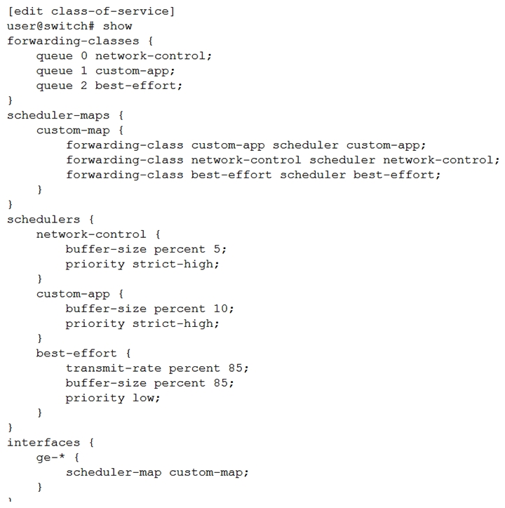 Click the Exhibit button.   You have applied the CoS configuration shown in the exhibit to an EX4300 switch. Which two statements are true? (Choose two.)  A)  All strict-high priority queues are serviced in a round-robin fashion as long as they have remaining credits. B)  Packets in low priority queues transmit only when strict-high priority queues are empty. C)  All strict-high priority queues are serviced in a round-robin fashion regardless of available credits. D)  Packets in low priority queues are serviced when strict-high priority queues have no available credits.