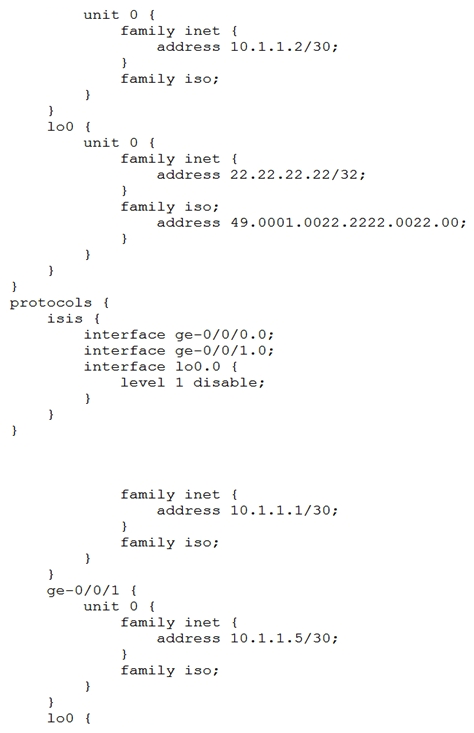   R2 has IS-IS adjacencies with R3 and R4. You want to ensure that R2 has both a level 1 and level 2 adjacency to both R3 and R4, but R2 only has one adjacency with R4. Referring to the exhibit, which configuration change will solve this issue? A)  Change the IS-IS area on R4 to match R2. B)  Remove the level 1 disable configuration from R4. C)  Remove the level 1 disable configuration from R2. D)  Change the IS-IS area on R2 to match R4.