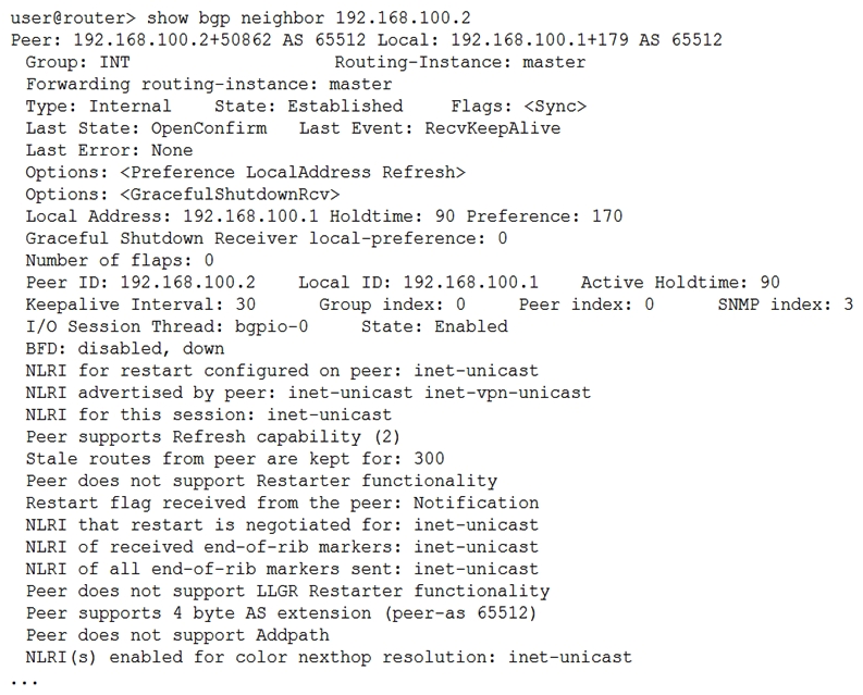   Referring to the exhibit, the local BGP router is receiving IPv4 routes from the BGP neighbor, but it is not receiving L3 VPN routes from the BGP neighbor. Which two actions should you take to solve this problem? (Choose two.)  A)  Configure the family inet-vpn unicast statement on the BGP neighbor. Configure the family inet-vpn unicast statement on the BGP neighbor. B)  Configure the family inet unicast statement on the local BGP router. family inet unicast statement on the local BGP router. C)  Configure the family inet-vpn unicast statement on the local BGP router. D)  Configure the family inet unicast statement on the BGP neighbor.