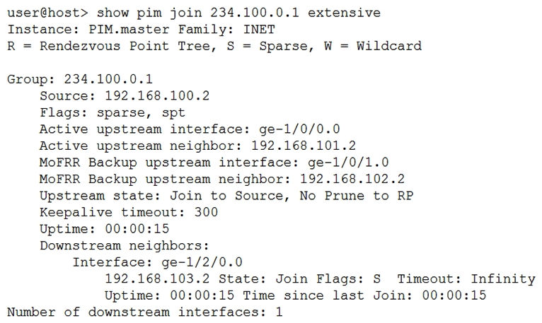   Which three statements are true about the show pim join output shown in the exhibit? (Choose three.)  A)  This is a source-specific multicast stream. B)  The multicast receiver is still using the RP to receive the stream. C)  The multicast stream has been configured with a backup path to allow for fast reroute. D)  The multicast stream does not have an RP. E)  The shortest path to the source is through the RP.