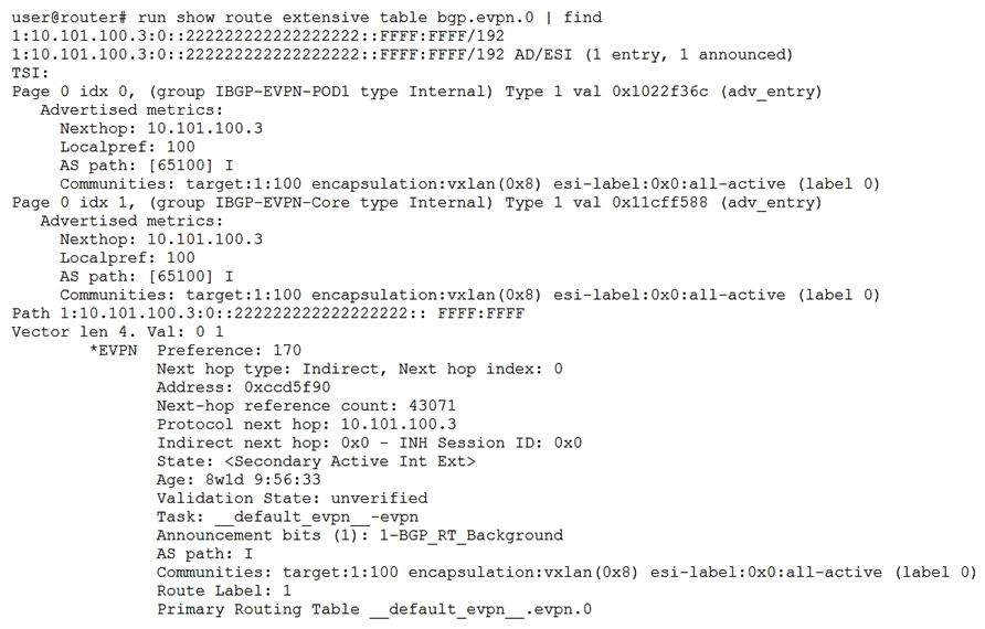   Referring to the exhibit, which three statements are correct? (Choose three.)  A)  The ESI is 00:22:22:22:22:22:22:22:22:22. B)  This route contains the MAC address of an end host. C)  The router with the IP address 10.101.100.3 is the originator of this route. D)  This ESI Auto-Discovery route is used for designated forwarder election. E)  This route is an EVPN Type-1 route.