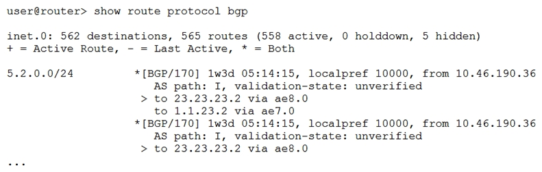   Referring to the exhibit, which statement is true? A)  This is a multipath route. B)  The route is learned from three different neighbors. C)  This is a multihop route. D)  The route is learned from only one neighbor.