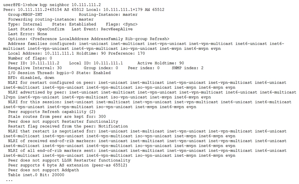   The exhibit shows a BGP peering session for two PE routers. The BGP session is up, but the hosts in the Layer 2 VPN that uses the BGP session are unable to communicate. What is the problem in this situation? A)  The BGP peer does not support the add-path feature. B)  There is a mismatch in the supported NLRI address families between the BGP peers. C)  The local BGP router does not support Layer 2 VPN and Layer 3 VPN NLRI address families at the same time. D)  The BGP peer does not support the restarter functionality.