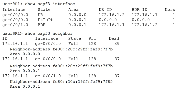  Referring to the exhibit, which OSPFv3 configuration is implemented on router R1? A)  set protocols ospf3 area 0.0.0.0 interface ge-0/0/0.0 set protocols ospf3 area 0.0.0.1 interface ge-0/0/1.0 set protocols ospf3 area 0.0.0.1 interface ge-0/0/0.0 B)  set protocols ospf3 area 0.0.0.1 virtual-link neighbor-id 172.16.1.2 C)  set protocols ospf3 area 0.0.0.1 interface ge-0/0/0.0 secondary D)  set protocols ospf3 area 0.0.0.1 interface ge-0/0/0.0 interface-type p2p