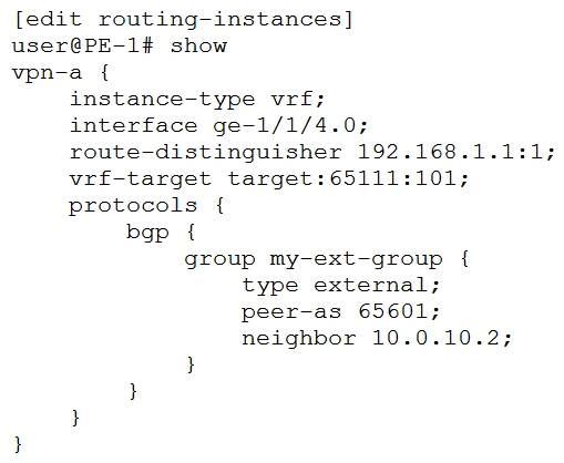   You have an established Layer 3 VPN between two PE devices. You are asked to only send certain routes from PE-1 over the VPN to the remote site while maintaining all the routes on the PE-1 device. You created a policy that matches the specific routes and then tags these routes with the appropriate target community values. In this scenario, which configuration changes must be made to satisfy the requirement? A)  Configure the export parameter and apply the policy to the my-ext-group BGP group configuration. Configure the export parameter and apply the policy to the my-ext-group BGP group configuration. B)  Configure the vrf-export parameter and apply the policy under the edit routing-instances vpn-a hierarchy. Configure the vrf-export parameter and apply the policy under the edit routing-instances vpn-a hierarchy. C)  Configure a RIB group and apply the policy as an import policy to routes distributed into the bgp.13vpn.0 routing table. D)  Configure the import parameter and apply the policy to the my-ext-group BGP group configuration. Configure the import parameter and apply the policy to the