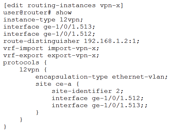   You have the Layer 2 VPN configuration shown in the exhibit. You are asked to determine the remote site ID for ge-1/0/1.512. In this scenario, what is the remote site ID? A)  4 B)  5 C)  1 D)  3