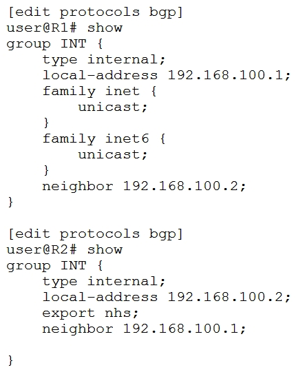   Referring to the exhibit, which statement is true? A)  The BGP session between R1 and R2 will establish correctly and only the inet6 unicast NLRI will pass routing information. B)  The BGP session between R1 and R2 will fail to establish correctly due to an NLRI mismatch. C)  The BGP session between R1 and R2 will establish correctly and the inet unicast and the inet6 unicast NLRIs will pass routing information. D)  The BGP session between R1 and R2 will establish correctly and only the inet unicast NLRI will pass routing information.