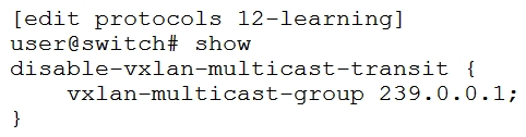 What is the purpose of the command shown in the exhibit?   A)  to stop the transmission of transit multicast traffic when there are no interested receivers attached to a remote VTEP. B)  to disallow IGMP requests for the group 239.0.0.1 from hosts attached to the local VTEP. C)  to disable the multicast group 239.0.0.1 across the entire VXLAN. D)  to stop the reception of transit multicast traffic when there are no interested receivers attached to the local VTEP.