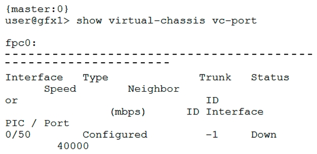 Referring to the exhibit, what would cause the problem on VCP 0/50?   A)  The VCP has been disabled through configuration. B)  The remote side is not configured as a VCP. C)  VCP 0/50 is configured as a network port. D)  The port is missing the interface hardware.