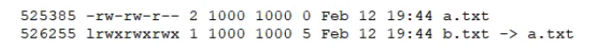Consider the following output from the command ls -i:   How would a new file named c.txt be created with the same inode number as a.txt (Inode 525385) ? A)  ln -h a.txt c.txt B)  ln c.txt a.txt C)  ln a.txt c.txt D)  ln -f c.txt a.txt E)  ln -i 525385 c.txt
