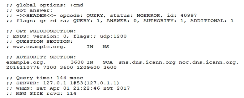 Which of the commands below might have produced the following output?   A)  dig -t mx www.example.org B)  dig www.example.org C)  dig -t ns www.example.org D)  dig -t a www.example.org dig -t a www.example.org E)  dig -t soa www.example.org