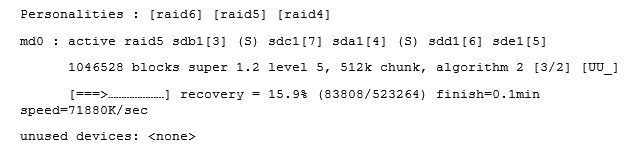 What information is found in the following excerpt from the file /proc/mdstat ?   A)  One of the disks in /dev/md0 has failed and a spare disk is used to recreate full redundancy B)  The spare disk /dev/sda1 is used to restore full redundancy after the current recovery C)  The information [UU_] means, that the raid is missing one disk and is not fully redundant D)  The device is using version 1.2 metadata to allow LILO and GRUB Legacy to use /dev/md0 as the boot partition. This would not have been necessary with GRUB2 E)  The information [3/2] means that 3 RAID disks belong to the array and 2 disks are spare. Together they equal the number of available disks